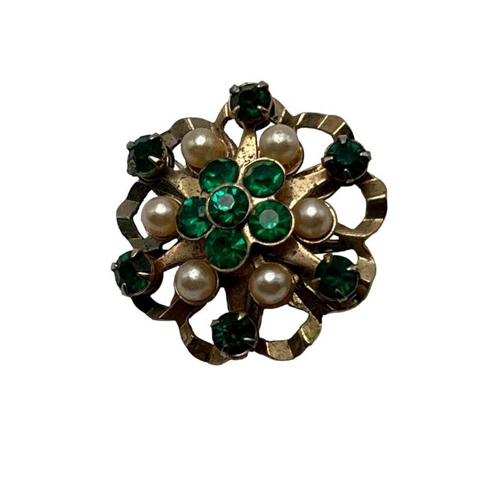 Vintage Rhinestone Brooch Flower Round‎ Green Clear Stones Gold Tone Pin